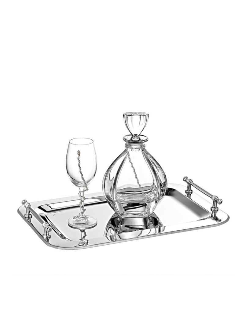Tablett-Set in Silber: Tablett mit Griffen, Glaskaraffe und Glas mit Kristallkette