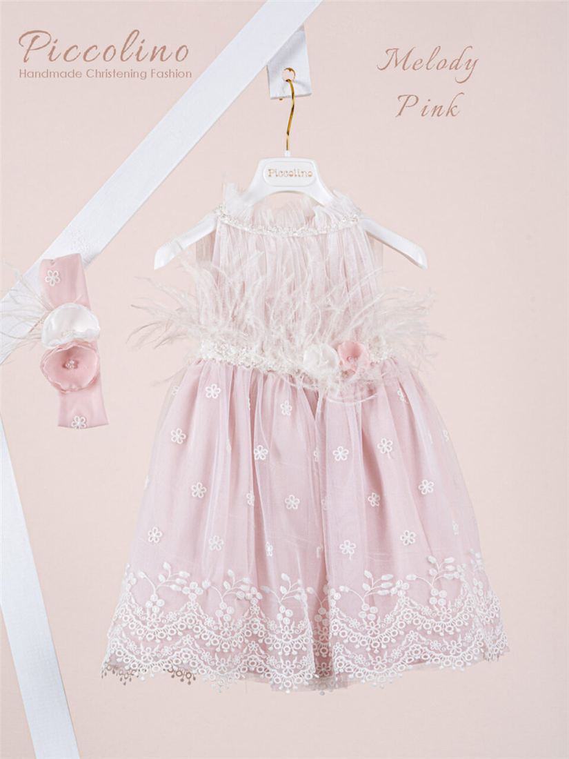Taufkleid Melody: rosa Tüll mit weißem Federbesatz und Blütenstickerei